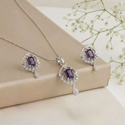 Royal Amethyst Silver Finish Antique Pendant Set