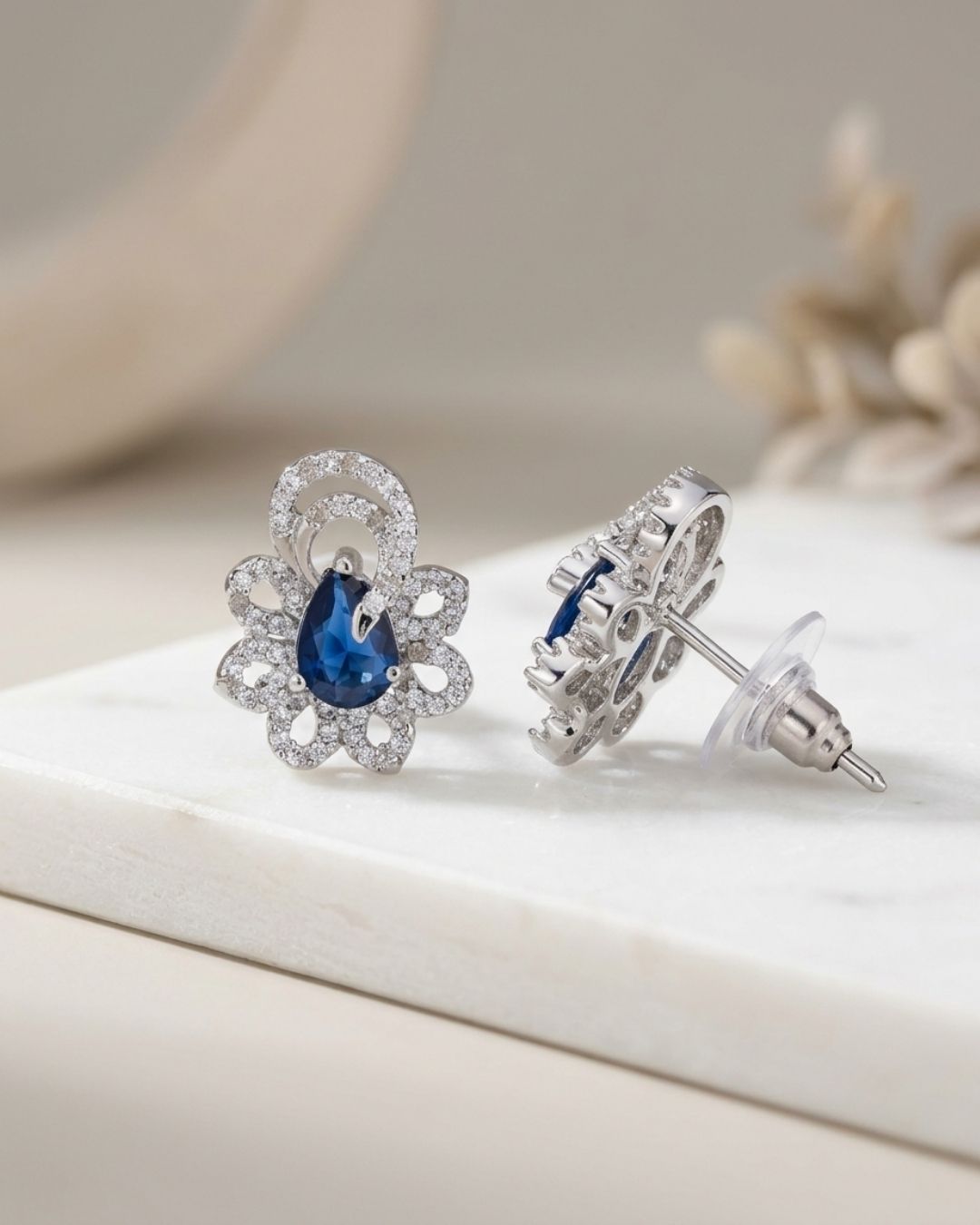 Blue Teardrop American Diamond Floral Stud Earrings
