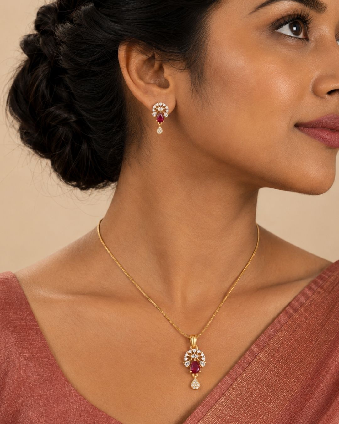 Ruby Bloom Gold Finish AD Pendant Set