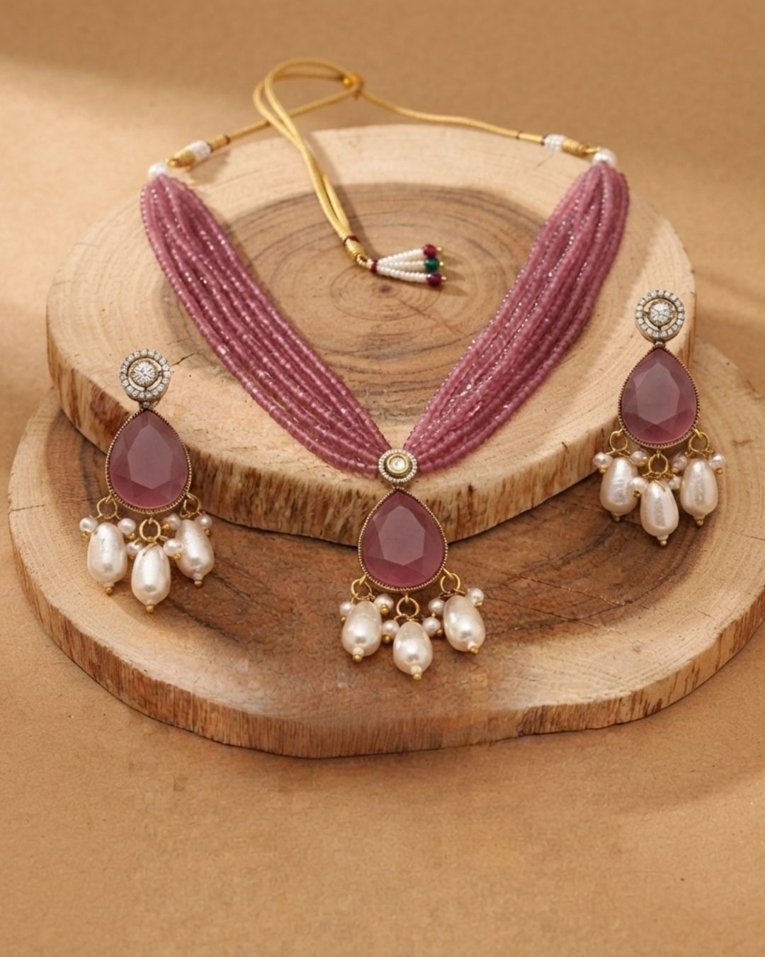 Royal Pink Hydro Beaded Polki Moissanite Necklace Set