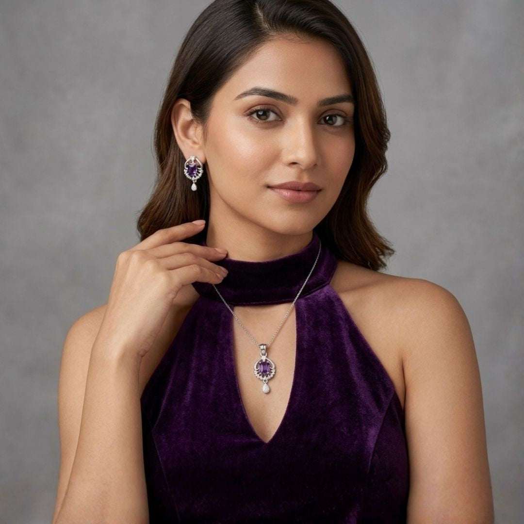 Royal Amethyst Silver Finish Antique Pendant Set