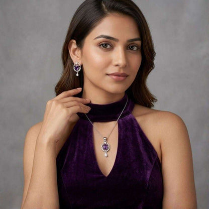 Royal Amethyst Silver Finish Antique Pendant Set