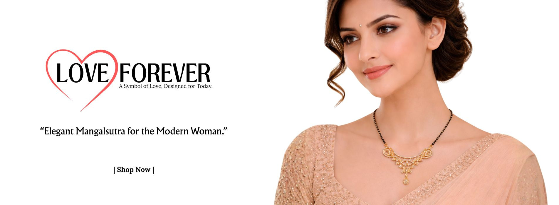 Woman wearing jewelry with 'Love Forever' branding on a white background