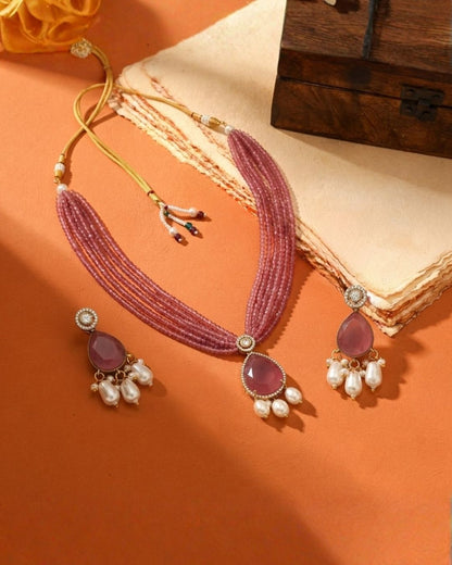 Royal Pink Hydro Beaded Polki Moissanite Necklace Set