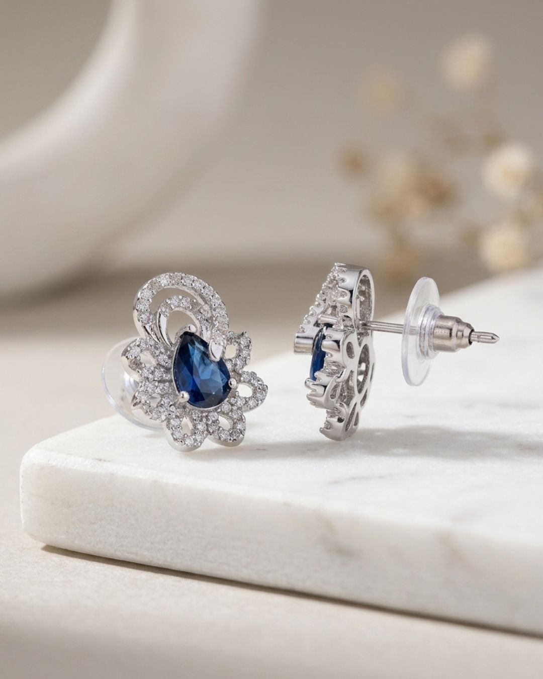 Blue Teardrop American Diamond Floral Stud Earrings