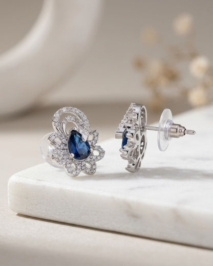 Blue Teardrop American Diamond Floral Stud Earrings