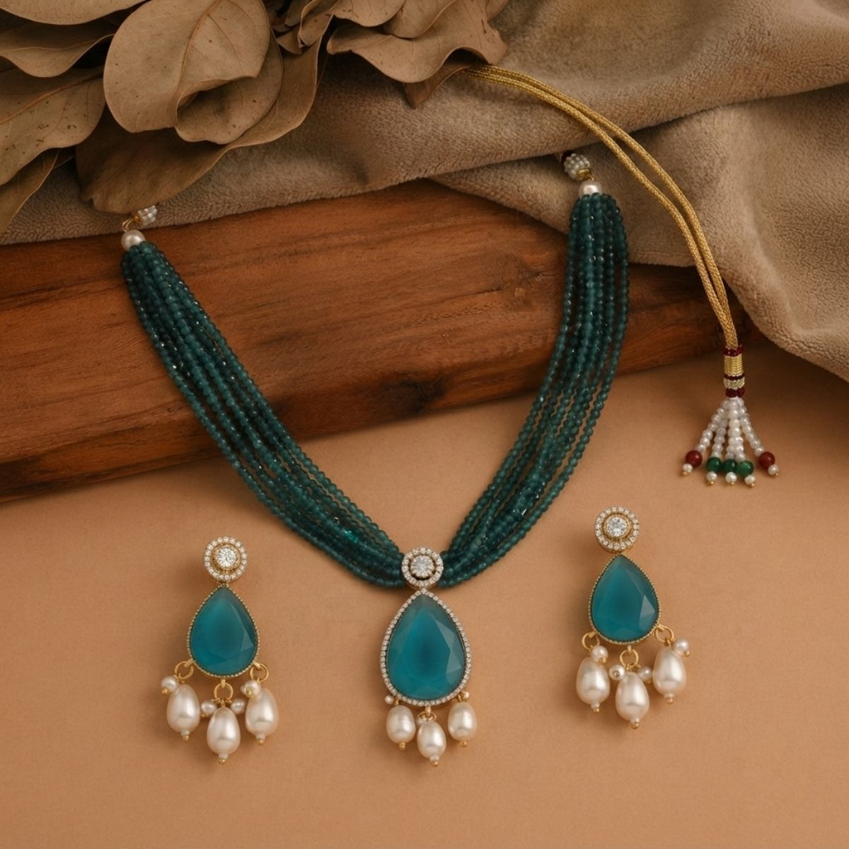 Teal Beaded Moissanite Statement Necklace Set