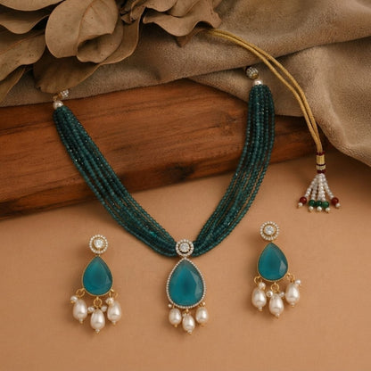 Teal Beaded Moissanite Statement Necklace Set