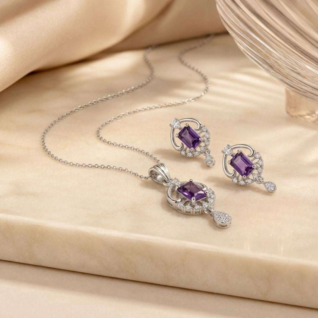 Royal Amethyst Silver Finish Antique Pendant Set