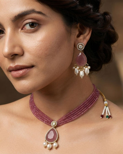 Royal Pink Hydro Beaded Polki Moissanite Necklace Set