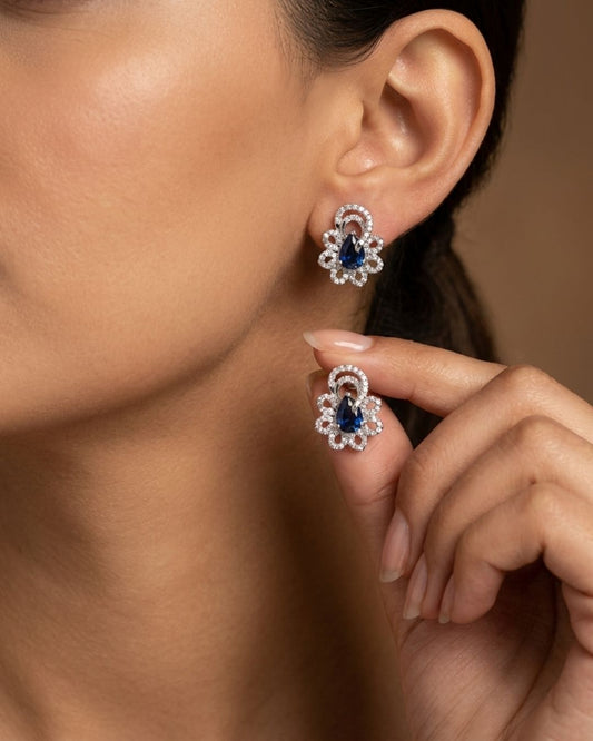 Blue Teardrop American Diamond Floral Stud Earrings