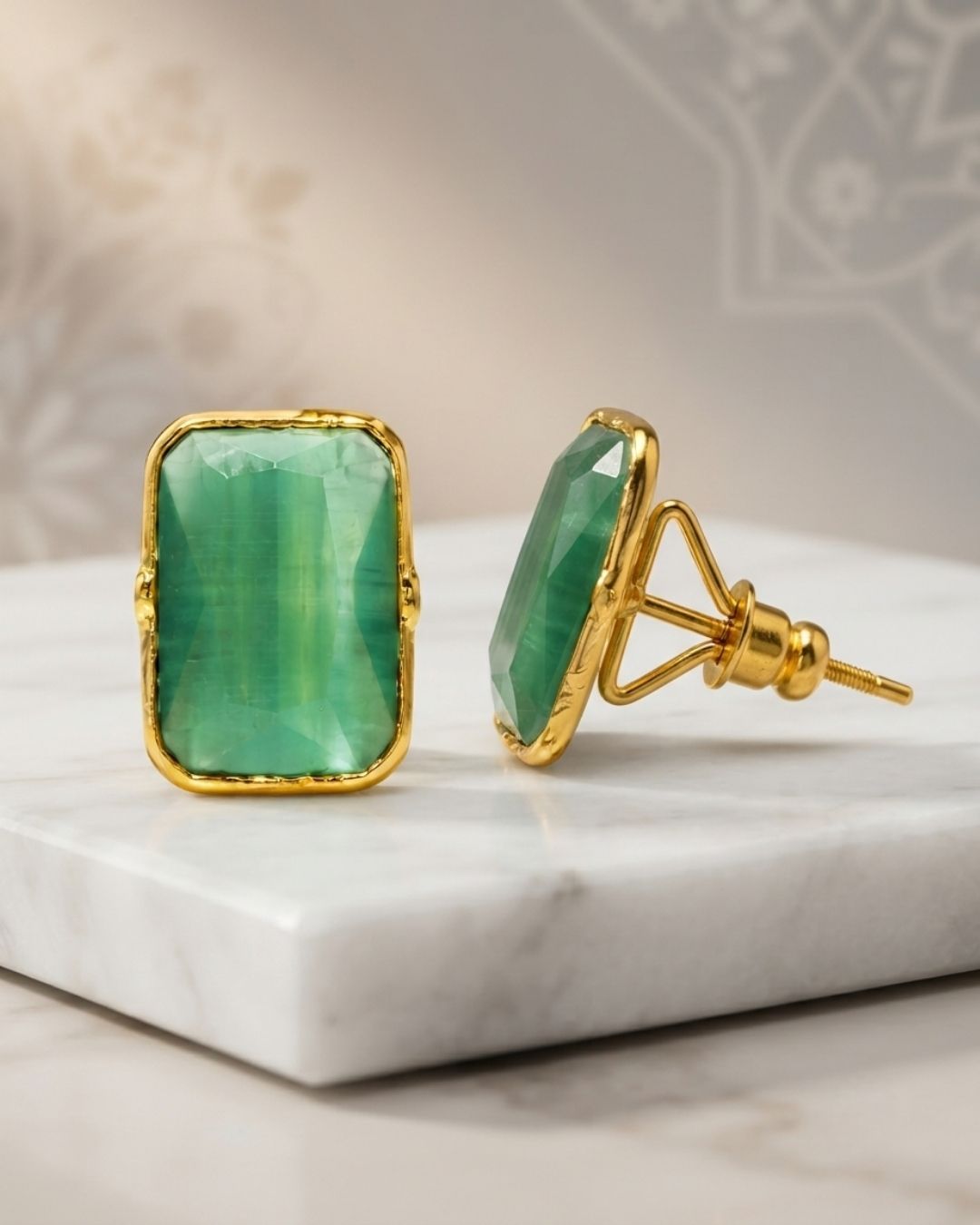 Mint Green Rectangular Stone Stud Earrings for Women
