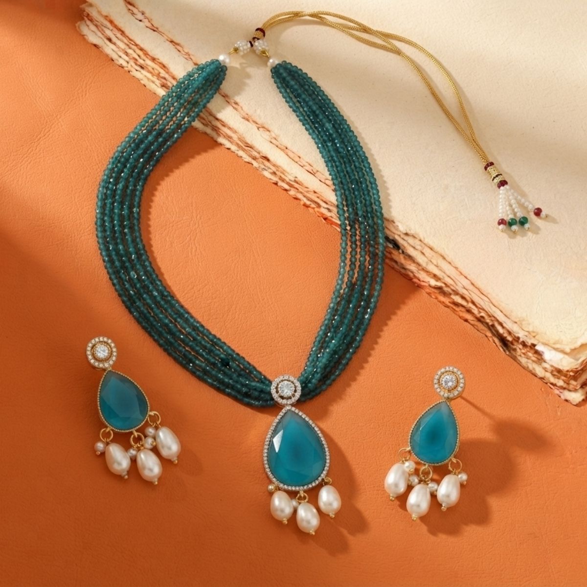 Teal Beaded Moissanite Statement Necklace Set