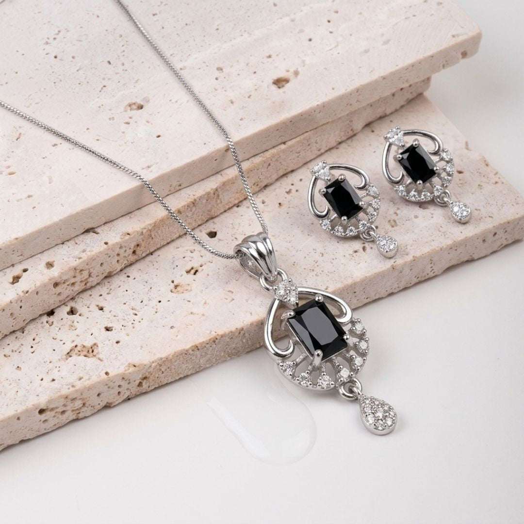 Midnight Majesty Silver Finish Oxidized Pendant Set