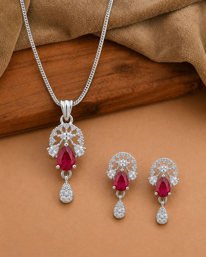 Ruby Bloom Silver Finish Office Wear Pendant Set