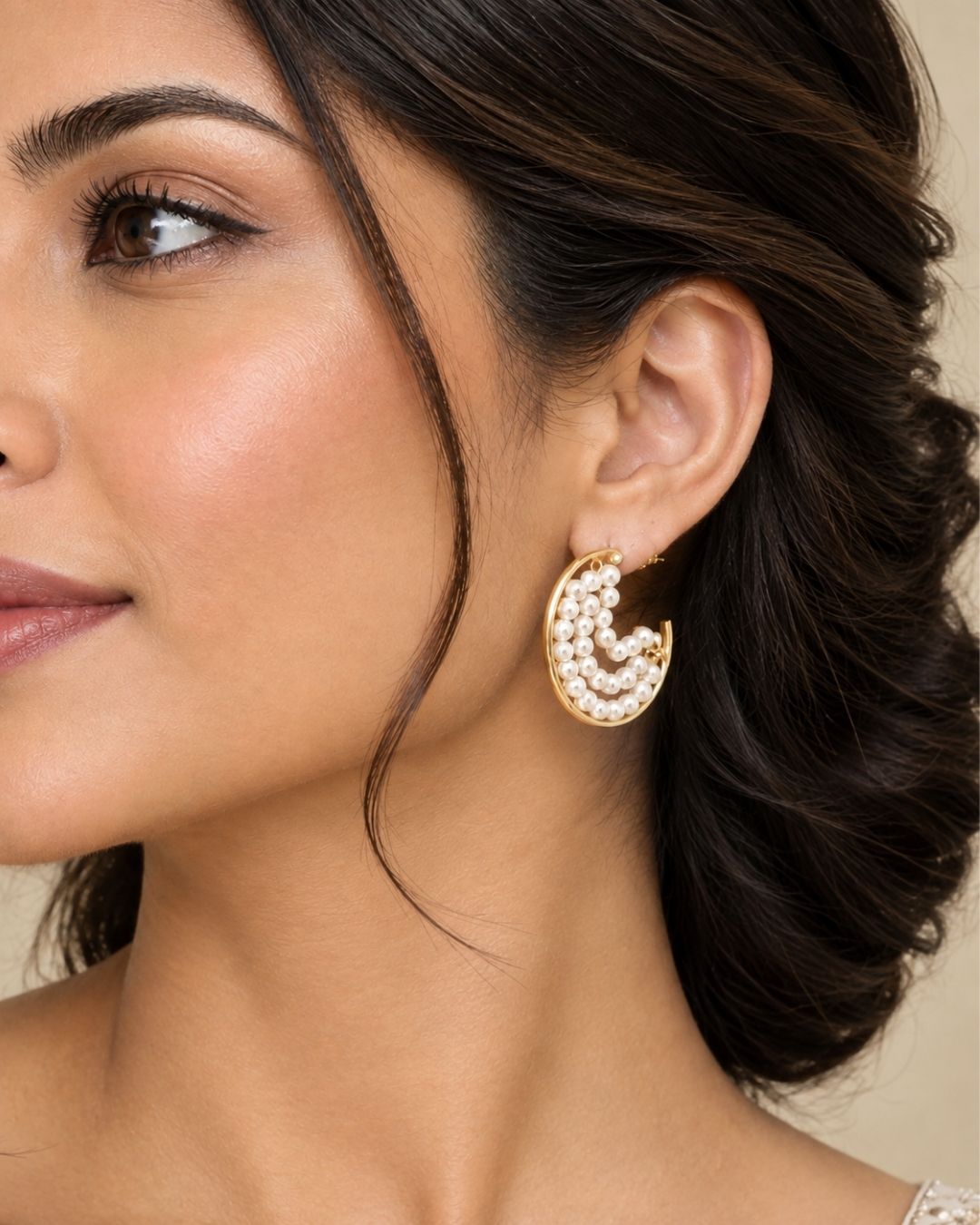 Handcrafted Pearl Half Hoop Gold Earrings