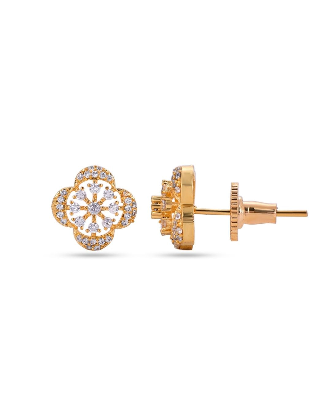 Floral Gold Finish American Diamond Stud Earrings