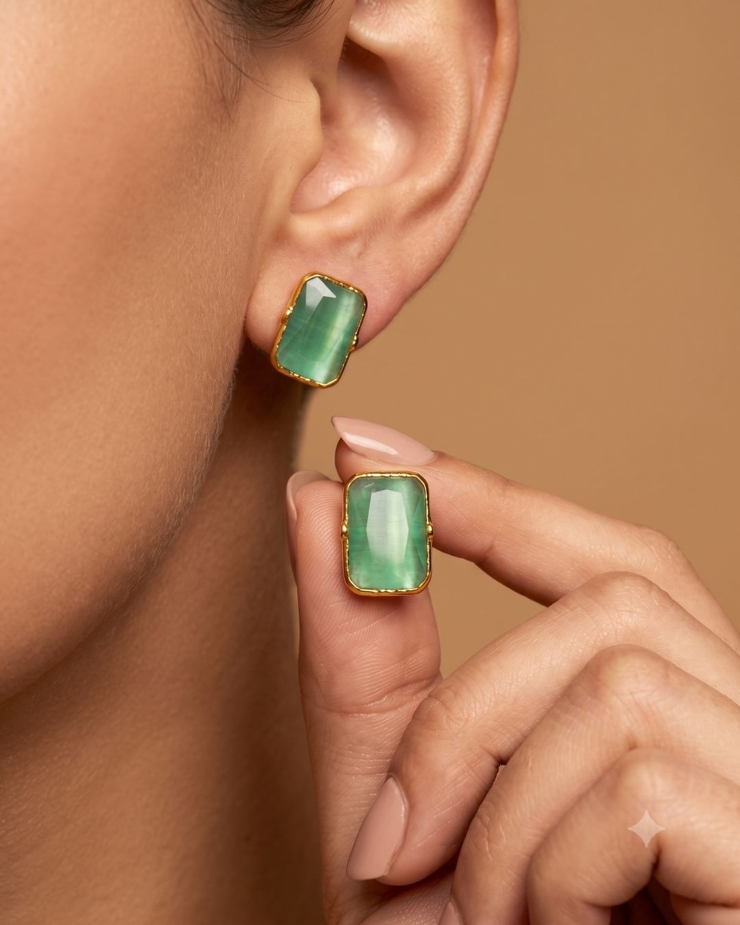 Mint Green Rectangular Stone Stud Earrings for Women