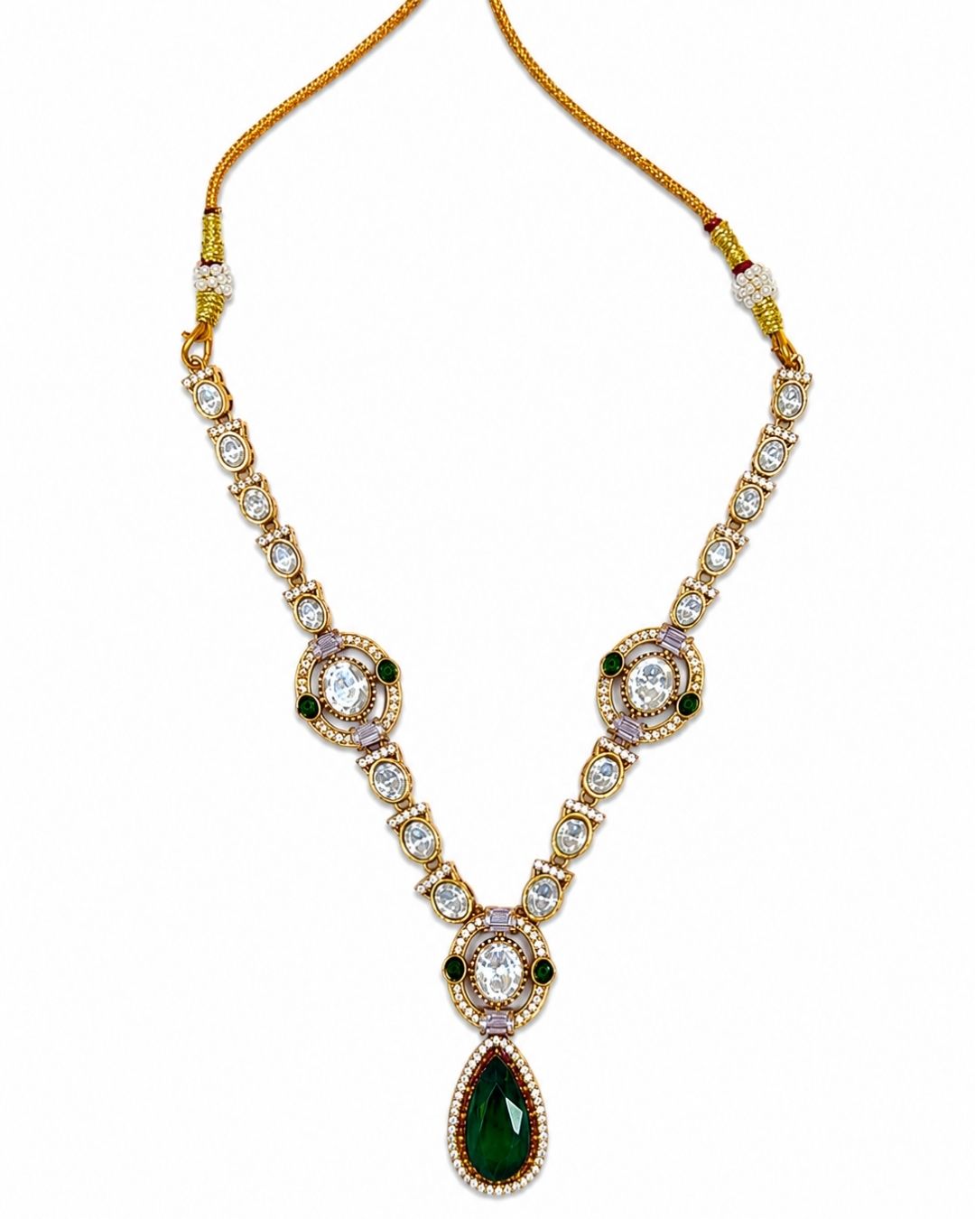 Polki Mozonite Necklace with Green Teardrop Pendant