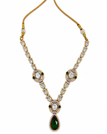 Polki Mozonite Necklace with Green Teardrop Pendant