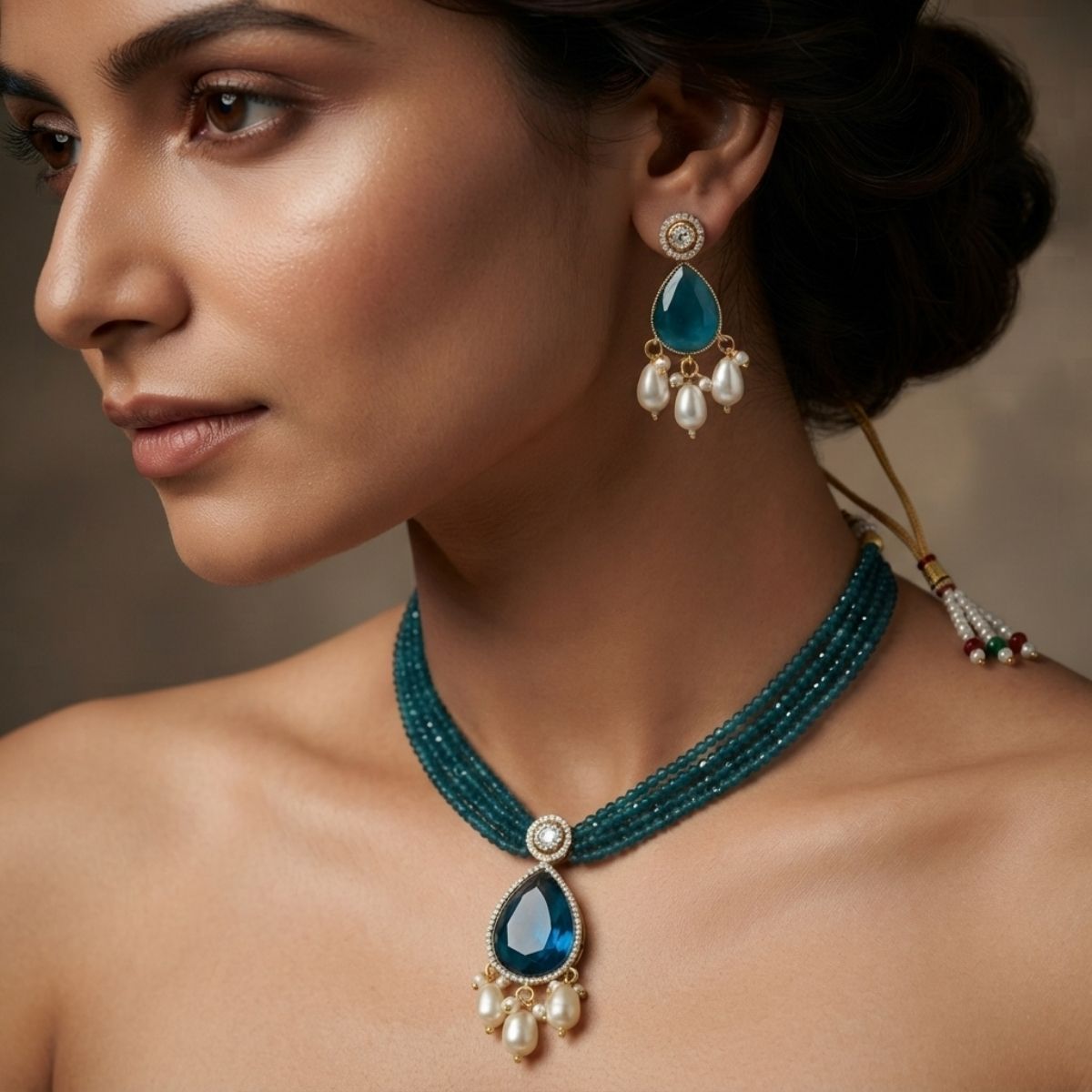 Teal Beaded Moissanite Statement Necklace Set
