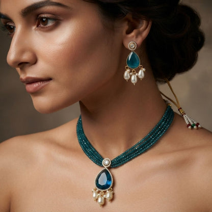 Teal Beaded Moissanite Statement Necklace Set