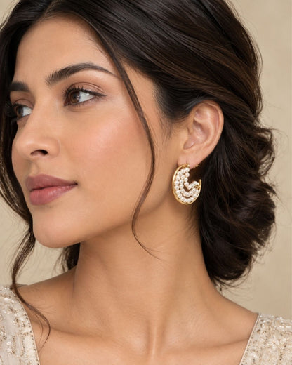 Handcrafted Pearl Half Hoop Gold Earrings