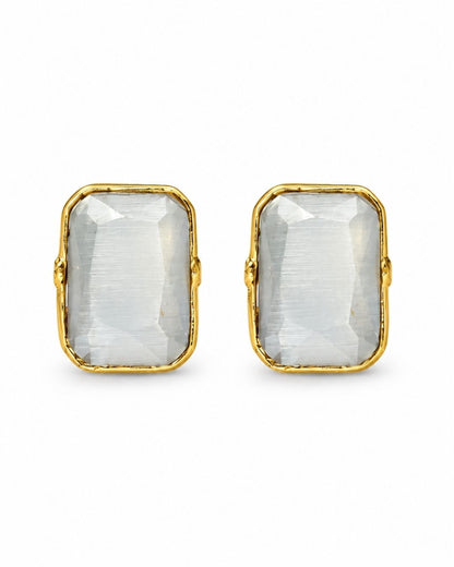 White Rectangular Stone Stud Earrings for Women