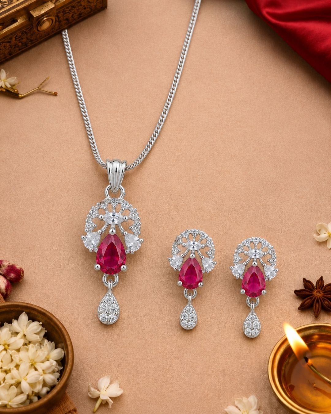 Ruby Bloom Silver Finish Office Wear Pendant Set
