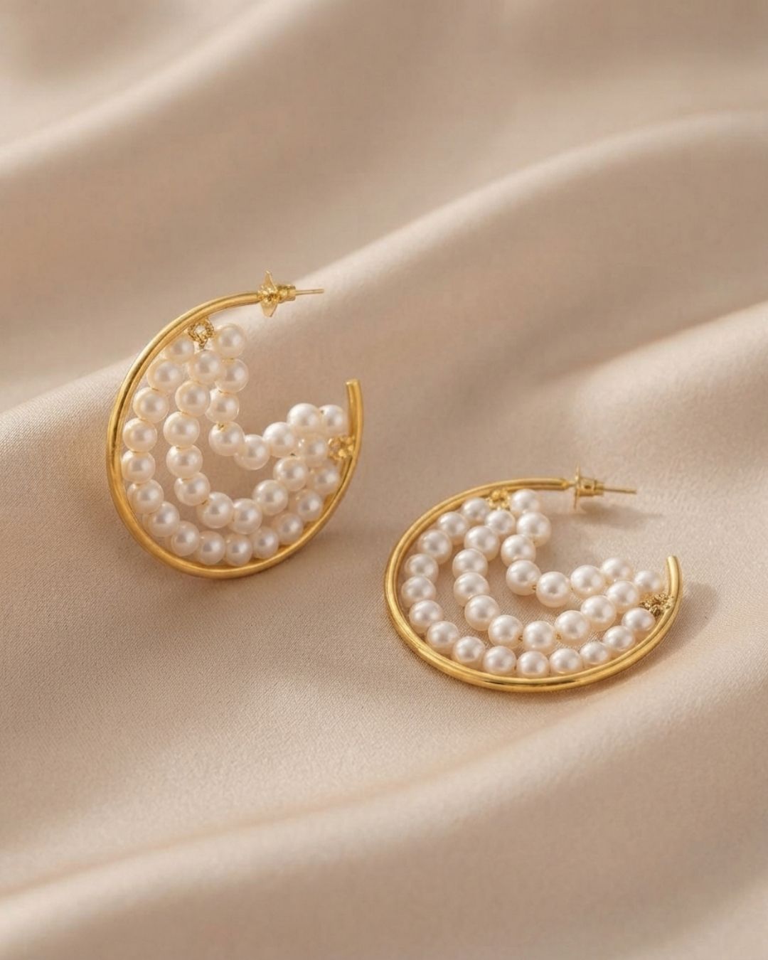 Handcrafted Pearl Half Hoop Gold Earrings
