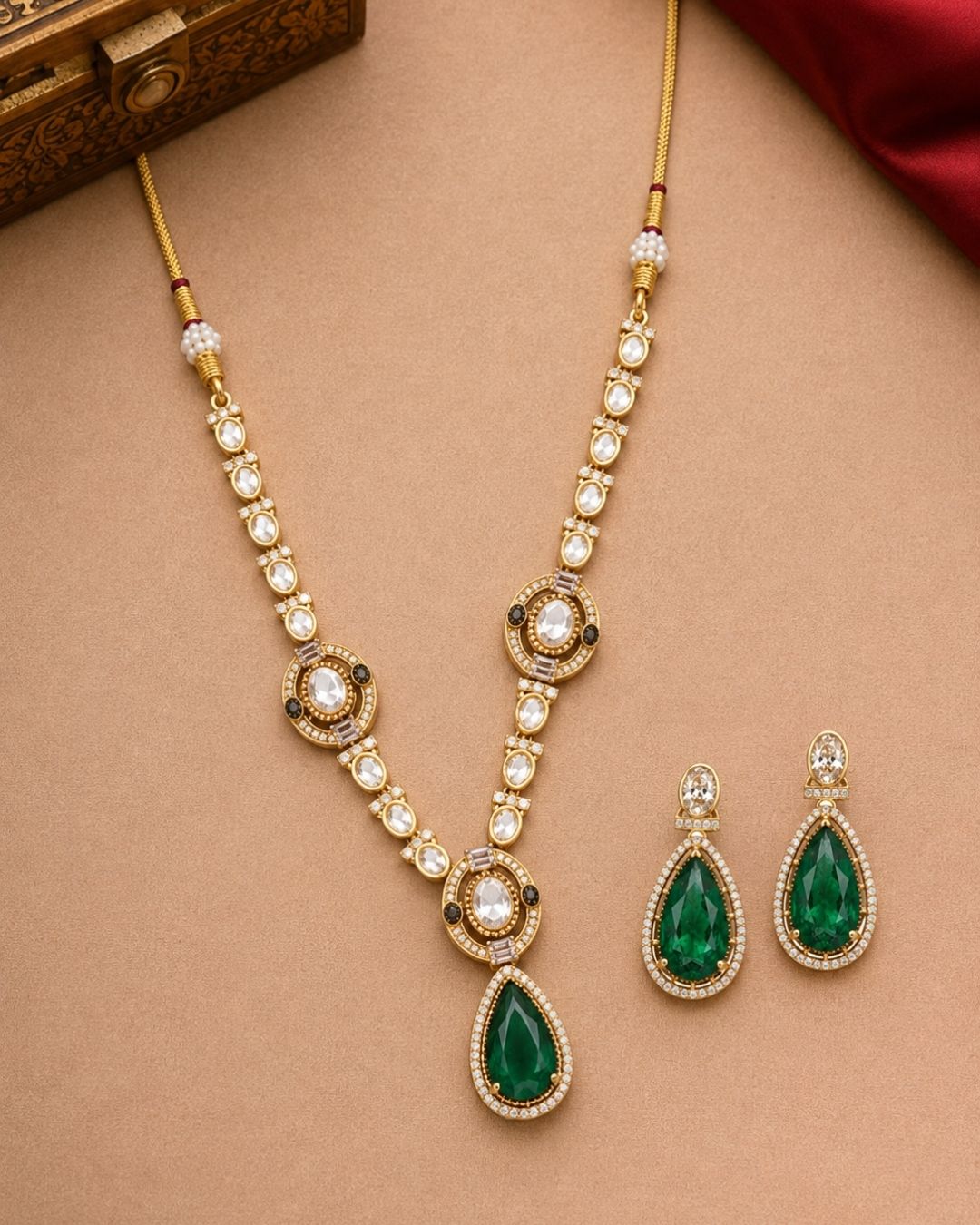 Polki Mozonite Necklace with Green Teardrop Pendant