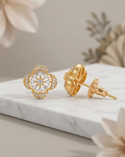 Floral Gold Finish American Diamond Stud Earrings