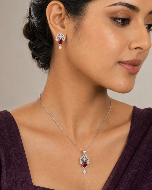 Ruby Bloom Silver Finish Office Wear Pendant Set