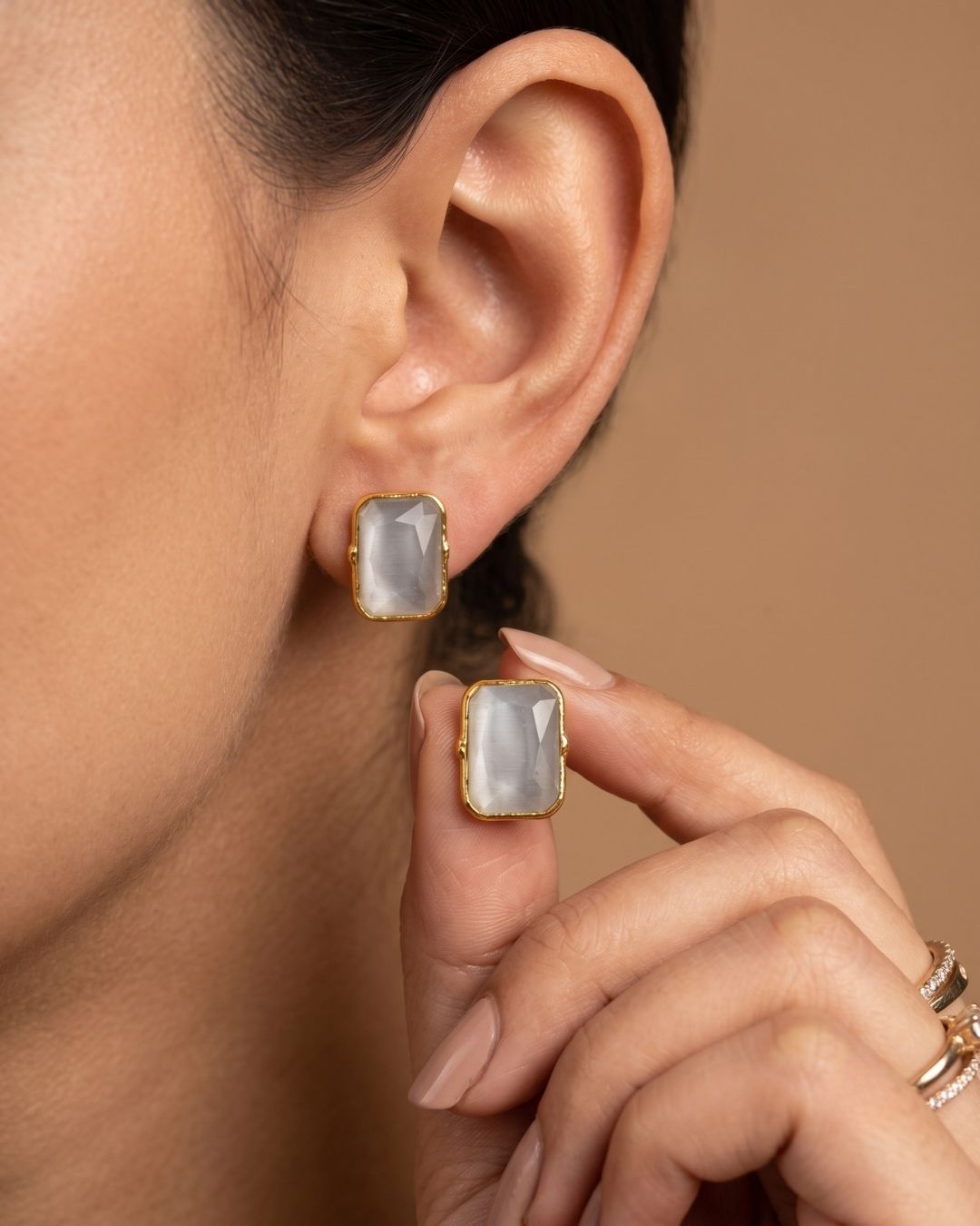 White Rectangular Stone Stud Earrings for Women