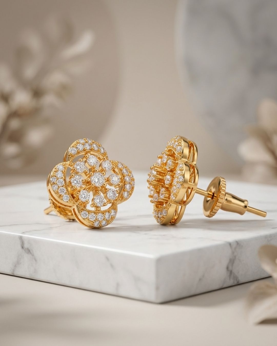 Floral Gold Finish American Diamond Stud Earrings