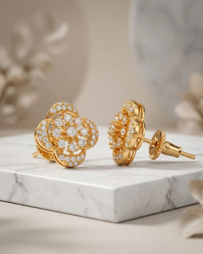 Floral Gold Finish American Diamond Stud Earrings