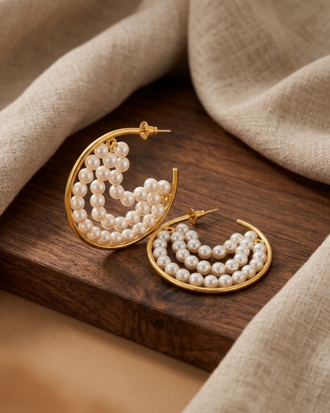Handcrafted Pearl Half Hoop Gold Earrings