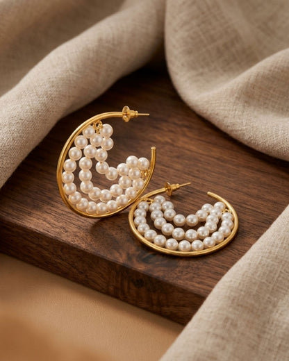 Handcrafted Pearl Half Hoop Gold Earrings