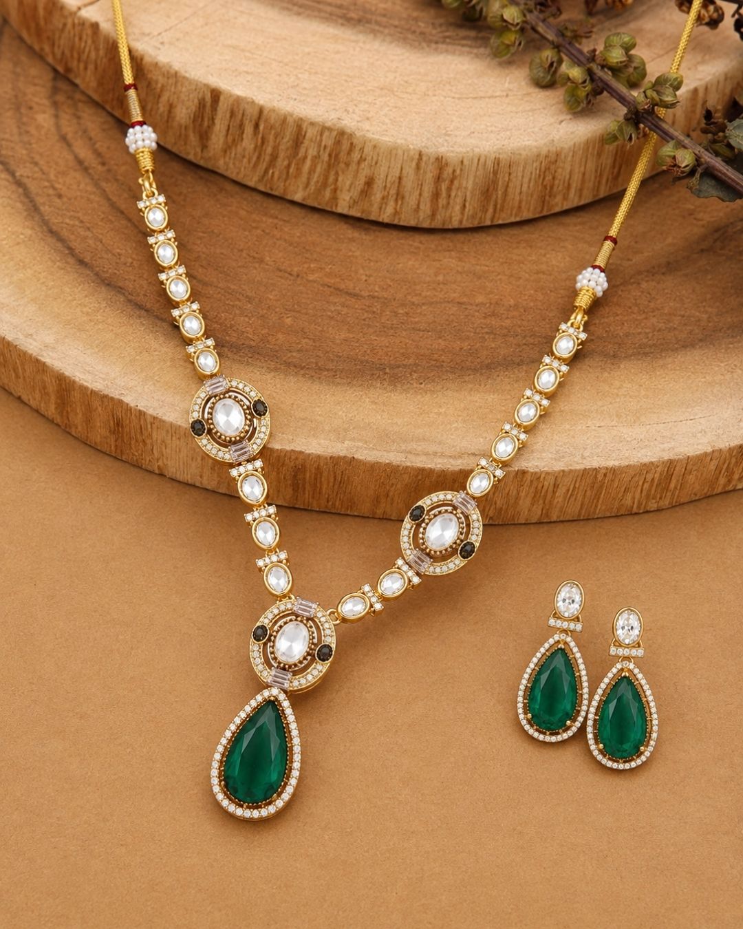 Polki Mozonite Necklace with Green Teardrop Pendant