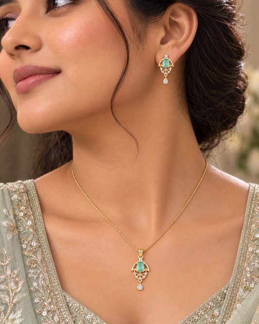 Green Halo Gold Finish Wedding Jewellery Pendant Set