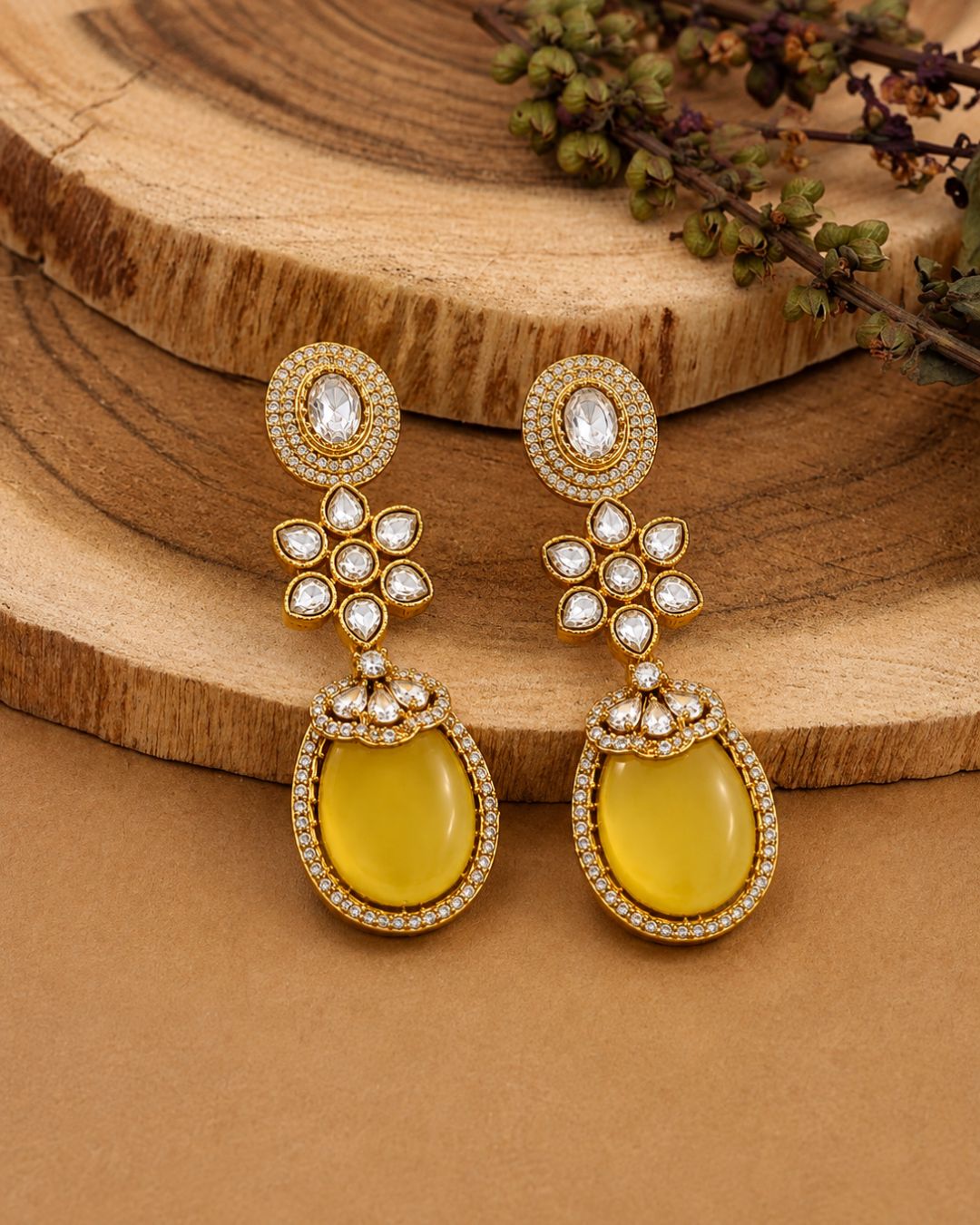 Sabyasachi inspired Polki Yellow Drop Earrings for Women