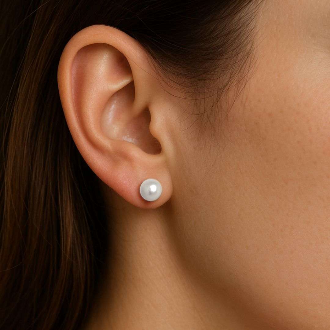 Close-up of an ear wearing a pearl Gold Plated Pendant for Womenwith dark hair and skin background