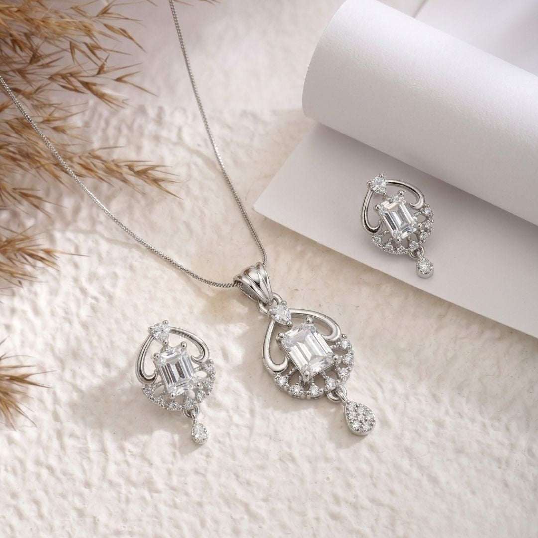 Classic Silver American Diamond Pendant Set