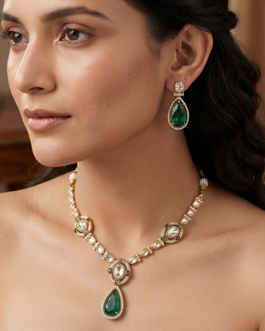 Polki Mozonite Necklace with Green Teardrop Pendant