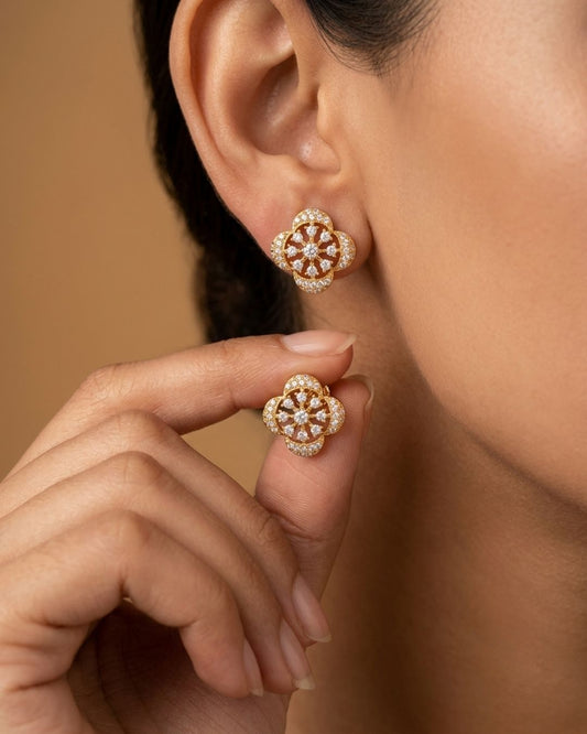 Floral Gold Finish American Diamond Stud Earrings