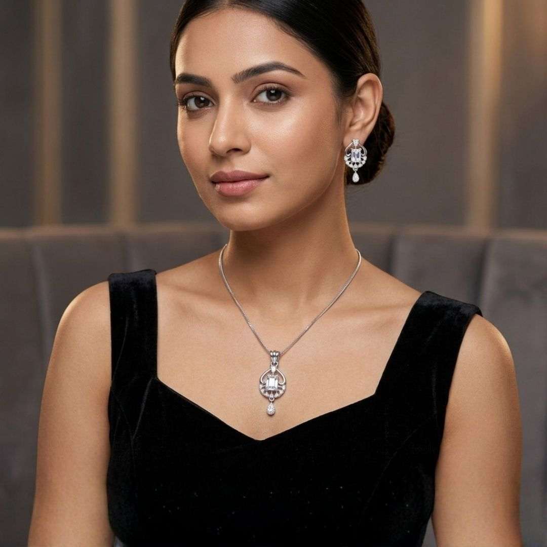 Classic Silver American Diamond Pendant Set