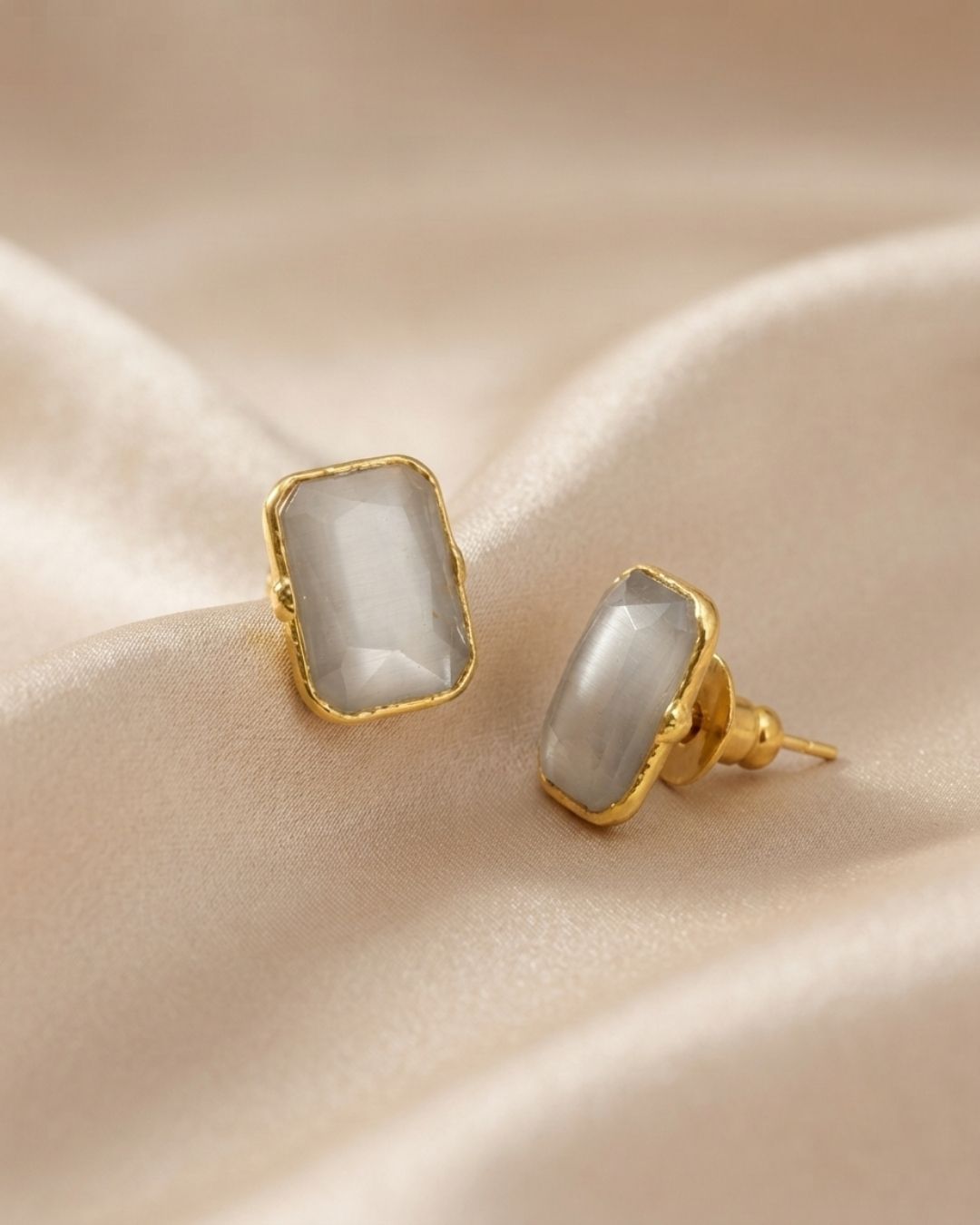 White Rectangular Stone Stud Earrings for Women