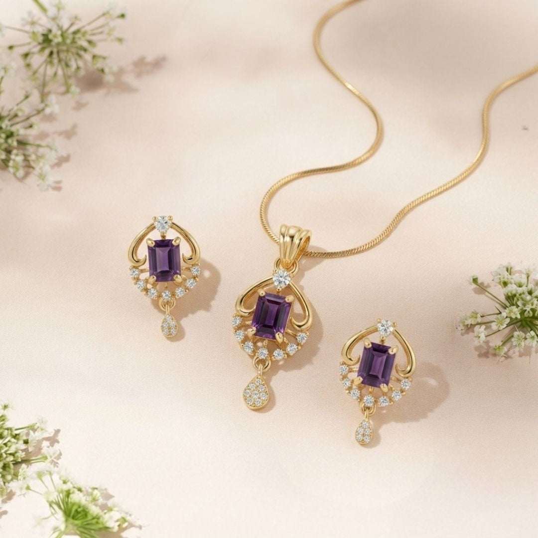Royal Amethyst Gold Finish Party Wear Pendant Set