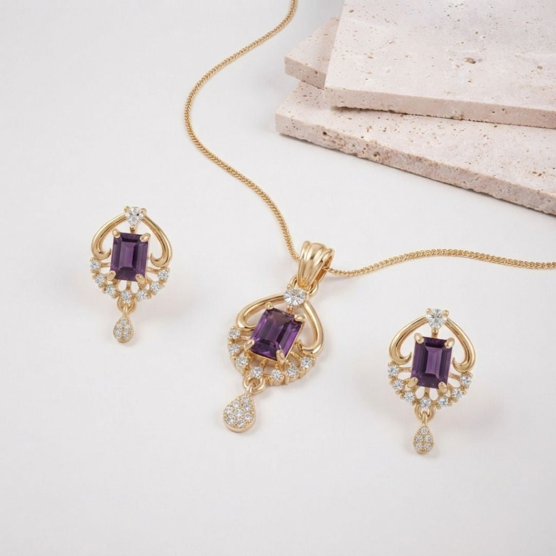 Gold necklace and earring set with emerald cut purple amethyst and small white diamonds