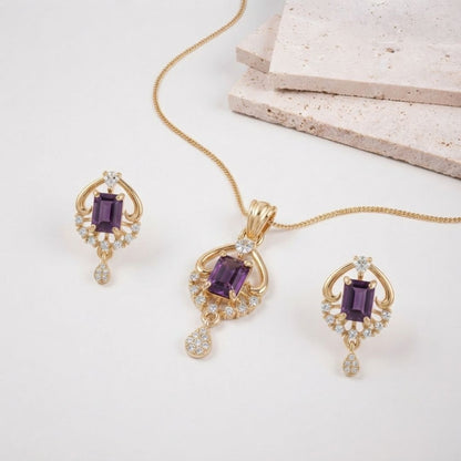 Gold necklace and earring set with emerald cut purple amethyst and small white diamonds